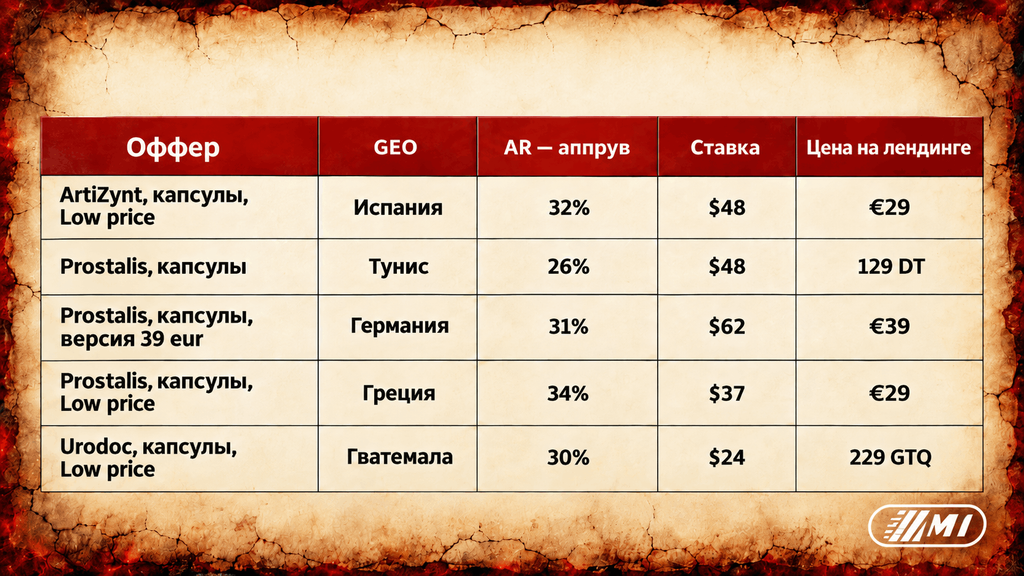 Нутра-офферы M1: сравнение GEO, аппрува, ставок и цен для ArtiZynt, Prostalis и Urodoc