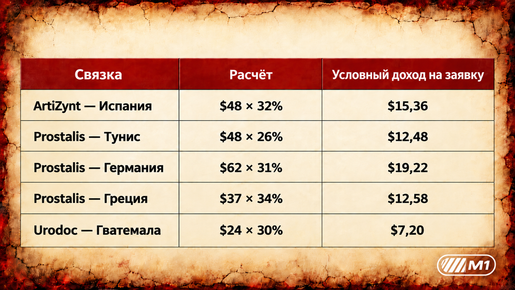 Расчёт условного дохода на заявку для пяти связок: ставка × аппрув